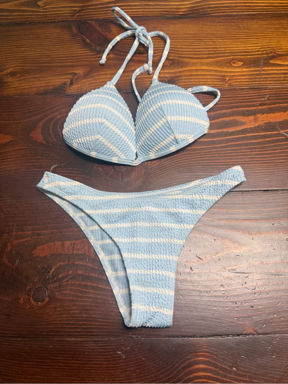 SHEIN Light Blue & White Ribbed Stripe Bikini Set